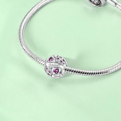 925 Sterling Silver Lucky Clover Birthstone Charms for Bracelets Dangle Pendant with 5A Cubic Zirconia Compatible Pandora Bracelets, Ladies Birthday Gift - style: 10-October