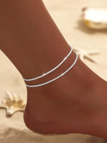 Sora Tuki Ankle Bracelets for Women Tennis Rhinestone Anklets for Women Butterfly Heart Star Cross Anklet Bracelet for Women Plus Size Anklet Bracelets for Big Ankle Beach Foot Jewelry - style: 1 - layered simple chain