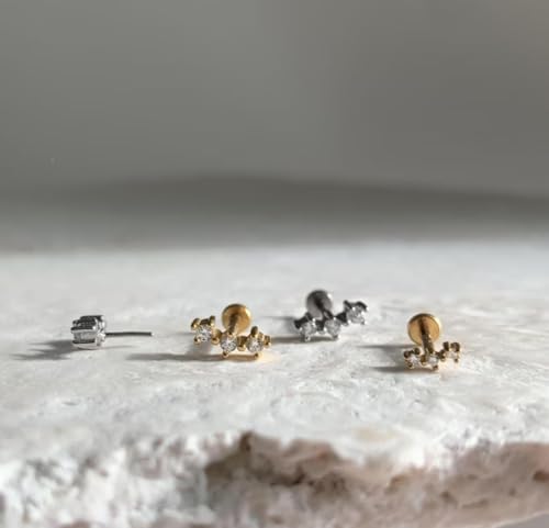 20G/18G/16G Titanium Flat Back Earrings, Threadless Nose Stud Tiny Stud Earrings, Cartilage Tragus Piercing Jewelry Conch Helix Stud - color: Three CZ (silver 3pc), size: 18ga(1.0mm)
