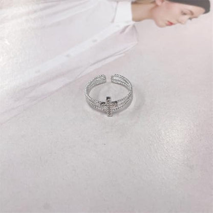 Dainty CZ Cross Adjustable Stacking Open Ring for Women Chic Crystal Christian Faith Triple Layer Stackable Statement Finger Wrap Ring Comfort Fit Religious Fashion Jewelry