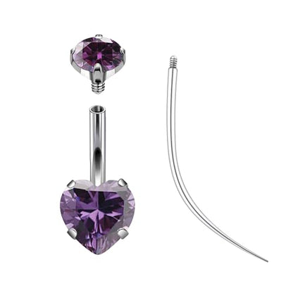 ASTM F136 Titanium Belly Button Rings 14G CZ Heart Belly Navel Rings 10mm Bar Body Piercing Jewelry Navel Ring With 1PCS Curved Piercing Taper - color: Purple CZ