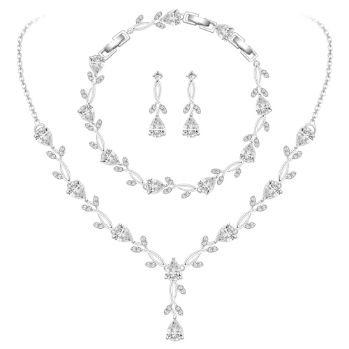 GZWHD Wedding Jewelry Sets for Bride Bridesmaid Women Cubic Zirconia Necklace Earrings Bracelet Set Gift for Mother Friend Wife Daughter Sister Party Prom Jewelry - color: White