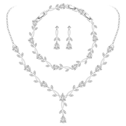GZWHD Wedding Jewelry Sets for Bride Bridesmaid Women Cubic Zirconia Necklace Earrings Bracelet Set Gift for Mother Friend Wife Daughter Sister Party Prom Jewelry - color: White