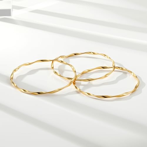 Awinesn 18K Gold Plated Bangles for Women Stainless Steel Glossy Stackable Thin Round Bracelets Solid Plain Polished Bangles Bracelets Set of 3 Jewelry for Women - size: 8.5 inches, style: contort-3-G