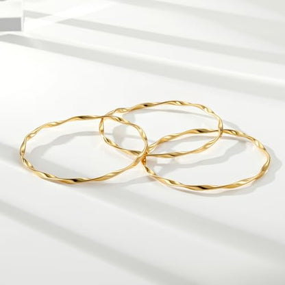 Awinesn 18K Gold Plated Bangles for Women Stainless Steel Glossy Stackable Thin Round Bracelets Solid Plain Polished Bangles Bracelets Set of 3 Jewelry for Women - size: 8.5 inches, style: contort-3-G