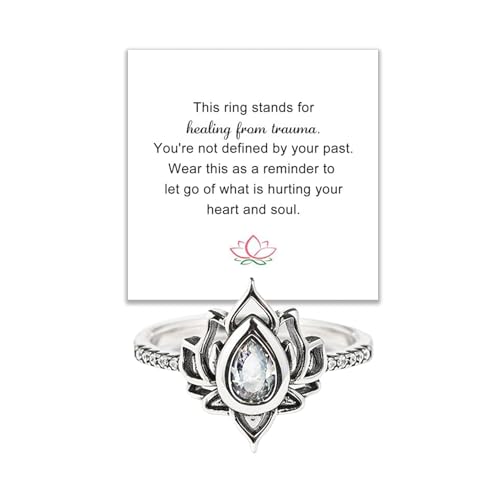 Lotus Ring for Women - Zircon Inlaid Flower Promise Ring - My Trauma Inspirational Statement Floral Jewelry Gift - color: white