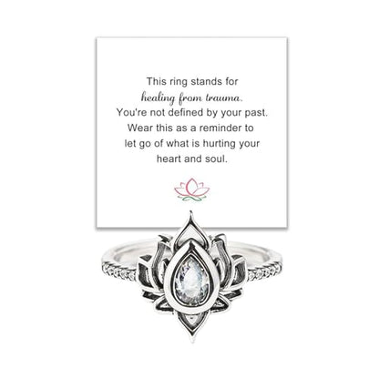 Lotus Ring for Women - Zircon Inlaid Flower Promise Ring - My Trauma Inspirational Statement Floral Jewelry Gift - color: white