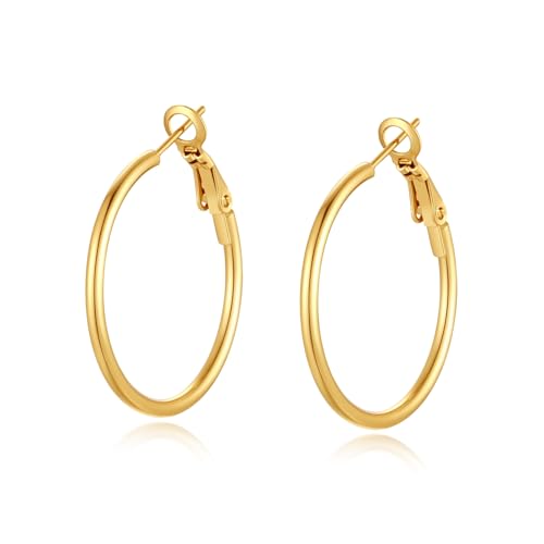 4 Pairs Silver Gold Hoop Earrings for Women | 14K Gold Plated Hoop Earrings Set Hypoallergenic Earring Lightweight Dangle Earrings Set - color: 1 Pair Gold-30mm