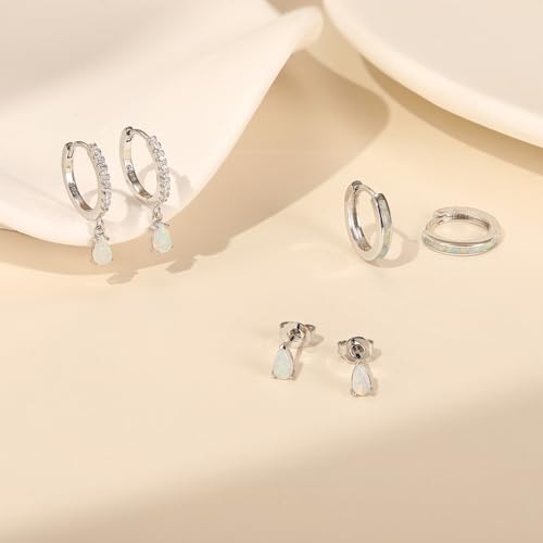 Opal Earrings Set for Women, Birthday Gift for Her, Sterling Silver | 14K Gold Plated, Hypoallergenic S925 Opal Hoop Stud Earrings for Women with Sensitive Ears, Dainty earring Stacks—Trendy Opals Jewelry 2026 - color: Silver Teardop Opal