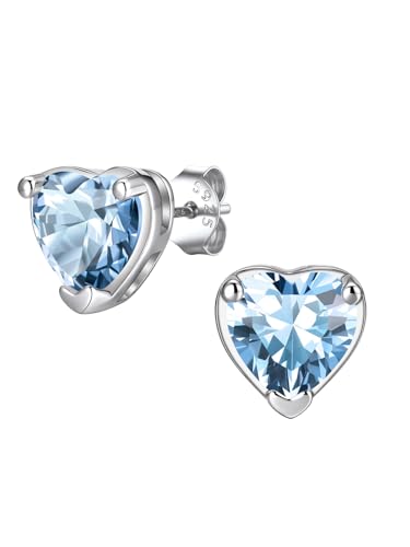 FindChic 2 Carat Birthstone Stud Earrings for Women, Round/Heart/Princess Cut Stud Earrings, Hypoallergenic Studs with 925 Sterling Silver Posts, 12 Months Birthday Jewelry Gift - color: 03. March-Aquamarine(Heart Cut)