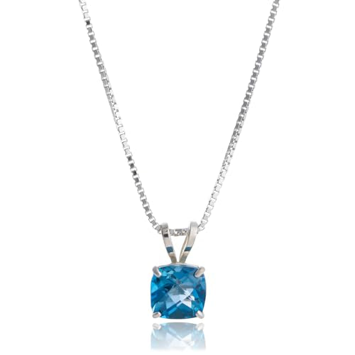 MAX + STONE 925 Sterling Silver Cushion Cut Birthstone Necklace for Women | 6mm Hypoallergenic Solitaire Necklace | Gemstone Pendant Necklaces with 18 inch Box Chain - color: London Blue Topaz