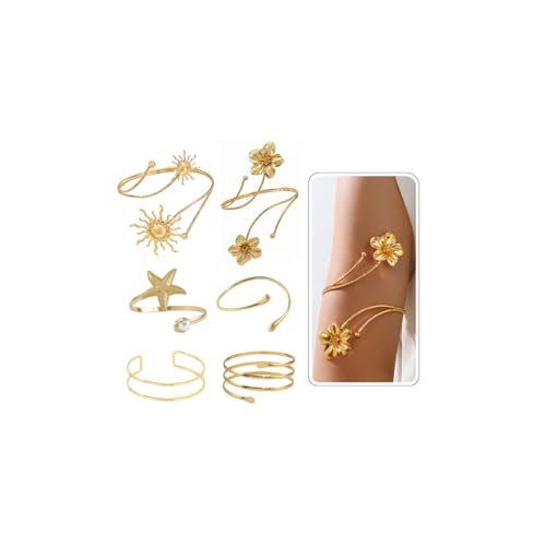 ItsStarred Minimalist Arm Cuff Gold Plated, Upper Arm Cuff Bangle Bracelet for Women, Adjustable Arm band Set 6 Pieces - color: B: Gold Plated Flower & Sun