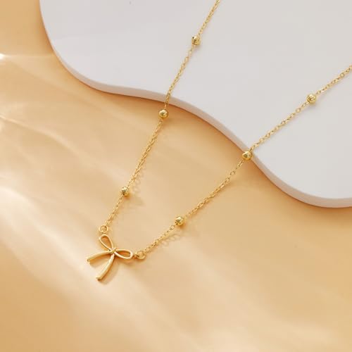 Thaivor Necklace for Women Dainty Bow Necklace 14K Gold Plated Cute Choker Small Pendant Charm Necklaces Teen Gift Trendy Stuff Personalized Jewelry Gifts - color: Gold-Bead-1