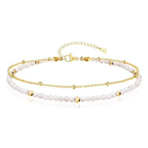 Gold Ankle Bracelet for Women Waterproof, Dainty Natural Stone Bead Anklet Adjustable Double Ankle Chain Summer Beach Boho Foot Jewelry Anniversary Birthday Gifts - color: Moonstone