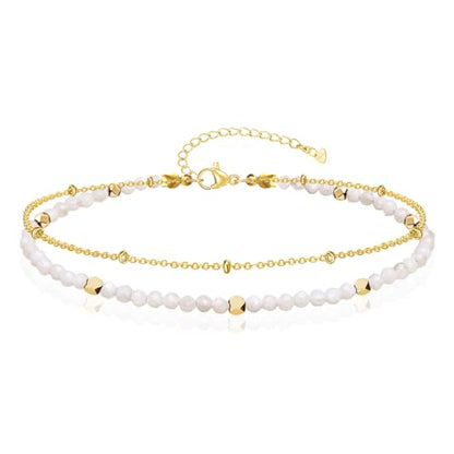 Gold Ankle Bracelet for Women Waterproof, Dainty Natural Stone Bead Anklet Adjustable Double Ankle Chain Summer Beach Boho Foot Jewelry Anniversary Birthday Gifts - color: Moonstone