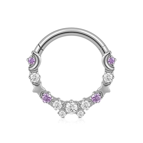 Celestial Titanium Hoop Collection - 16G 8mm/6mm ASTM F136 Titanium Star & Moon Daith, Cartilage, Septum Piercing Jewelry - Seamless Hinged Clicker Hoops - color: Star and Moon - Tit, size: 16G(1.2mm), 5/16"(8mm)