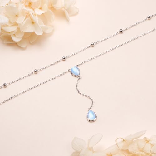 FLYOW Layered Necklace S925 Sterling Silver Y Shaped Jewelry - style: Double Teardrop Moonstones Layered Necklace