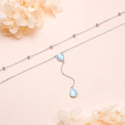 FLYOW Layered Necklace S925 Sterling Silver Y Shaped Jewelry - style: Double Teardrop Moonstones Layered Necklace