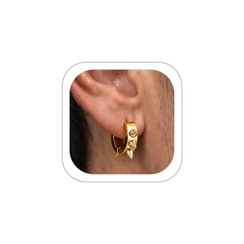 PROSTEEL Stainless Steel Huggie Hoop Earrings for Mens Gold/Black/Silver | Skull/Infinity Pattern, Spike/Cuban Links 4 Design Options Hypoallergenic Lightweight Earring Hip Hop Punk Gothic Jewelry - style: Spike Hoop-Gold