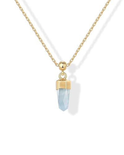 PAVOI Gemstone Gold Charm Necklace for Women - 14K Gold Plated Adjustable Chain Dainty Pendant Gemstone Necklaces with Cute Charms Set - Hypoallergenic Trendy Healing Crystal Pendants - style: Aquamarine Crystal