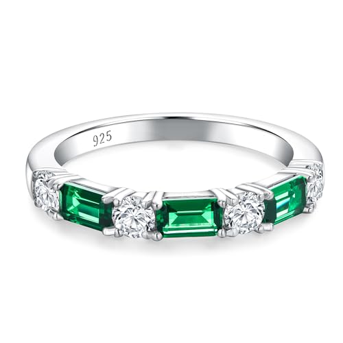 3.5mm Half Eternity Band Sterling Silver Rings for Women Sapphire/Ruby/Emerald and Cz Wedding Bands 7 Stone Stackable Birthstone Ring Anniversary Jewelry Size 6-10 - color: 05-Emerald-May
