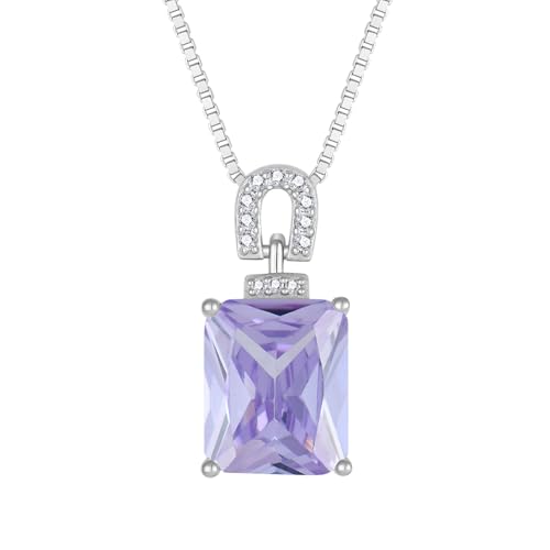 Emerald Cut Birthstone Necklace for Women 925 Sterling Silver | Baguette Birthstone Pendant Necklace, Jewelry for Mom Wife - color: Lavender