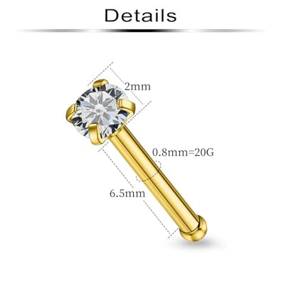 20Pcs Nose Rings Studs Surgical Steel L-Shape Nose Rings for Women 1.5mm 2mm Cubic Zirconia Nose Screw Studs Hypoallergenic Nose Piercings Jewelry 24g 22g 20g 18g - color: straight,goldtone, size: 20g,2mm CZ