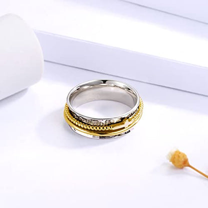 Sariel Cross Fidget Ring for Women - 925 Sterling Silver Spinner Rings Spinning Band Rings Wide Hammered - color: Gold