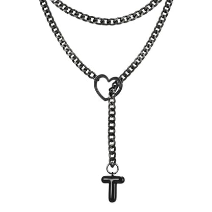 Black Heart Slip Chain Initial Necklaces for Women, Stainless Steel Wrap Choker Necklace, Gothic O-Ring Adjustable Lariat Y Necklaces, Punk Cuban Collar Choker Necklace, Halloween Jewelry Gift - color: Black T