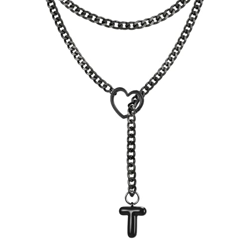 Black Heart Slip Chain Initial Necklaces for Women, Stainless Steel Wrap Choker Necklace, Gothic O-Ring Adjustable Lariat Y Necklaces, Punk Cuban Collar Choker Necklace, Halloween Jewelry Gift - color: Black T