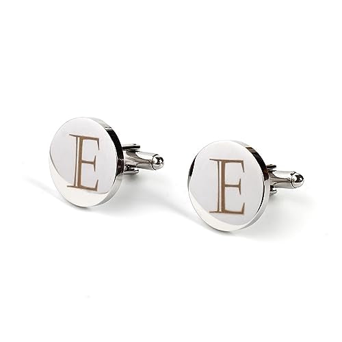 Mens Initial Silver Cufflinks A-Z Alphabet Letter Steel Cuff Links with Engraved Walnut Wood Box Groom Groomsman Wedding Set… - style: E