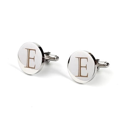 Mens Initial Silver Cufflinks A-Z Alphabet Letter Steel Cuff Links with Engraved Walnut Wood Box Groom Groomsman Wedding Set… - style: E