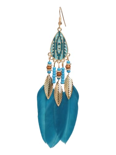 Boho Feather Dangle Earrings – Handcrafted with Turquoise Beads, Silver Accents & Blue Feathers – Gift Set for Women, Mom, Wife in Premium Gift Box