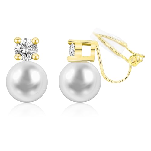 White Pearl Clip On Earrings for Women, 14K Gold Pearl Earrings 925 Silver Pearl Earrings, 10mm White Pearl Non Pierced Hypoallergenic Trendy Wedding Jewelry - color: Gold