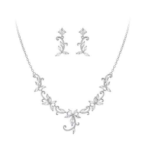 Crysdue Flower Leaf Wedding Jewelry Set for Bridal Bridemaid, Cubic Zirconia Teardrop Elegant Silver/14K/Rose Gold Plated Vine Necklace Dangle Earrings for Prom Party - style: A_Silver Tone