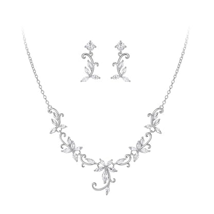 Crysdue Flower Leaf Wedding Jewelry Set for Bridal Bridemaid, Cubic Zirconia Teardrop Elegant Silver/14K/Rose Gold Plated Vine Necklace Dangle Earrings for Prom Party - style: A_Silver Tone