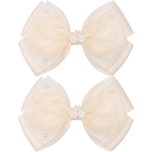 KISZU 4.5 Inch Flower Hair Bows Clips Mermaid Pearl HairPins for Girls Children Teens and Women - color: Yellow