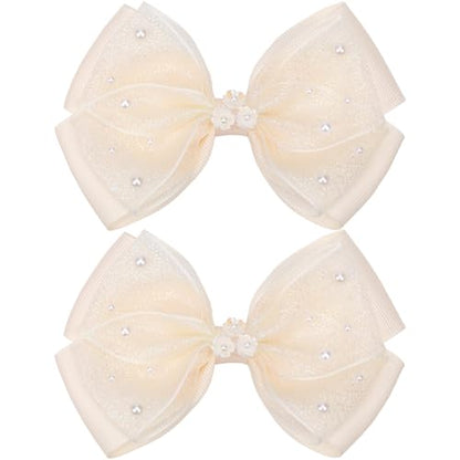 KISZU 4.5 Inch Flower Hair Bows Clips Mermaid Pearl HairPins for Girls Children Teens and Women - color: Yellow