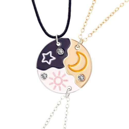 3pcs Friendship Moon Sun Star Puzzle Matching Necklace Set Gold Silver Plated Cute Crescent Round Circle Geometric Best Friend BFF Pendant Necklace for 3 Women Sisters Daughter Birthday Jewelry Gifts - color: Mixed color