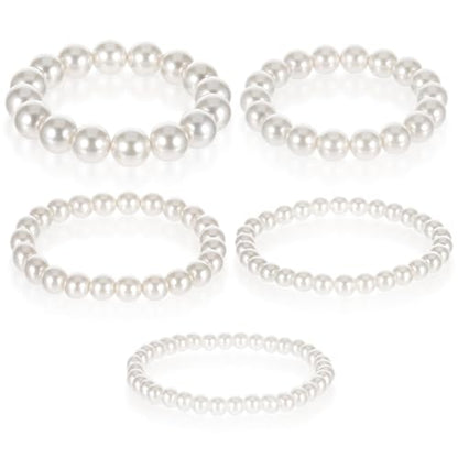5 PCS Pearl Bracelets for Women, White Elegant Bridesmaid Bracelets, Bridal Wedding Stackable Bracelet Faux Pearl Beaded Bracelet Set Gift