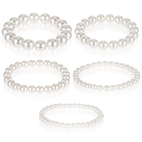 5 PCS Pearl Bracelets for Women, White Elegant Bridesmaid Bracelets, Bridal Wedding Stackable Bracelet Faux Pearl Beaded Bracelet Set Gift