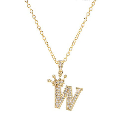 Pingyongchang Letter A-Z pendant necklace Crown letter pendant Charming initials chain necklace, inlaid crystal letter necklace - color: crown-W