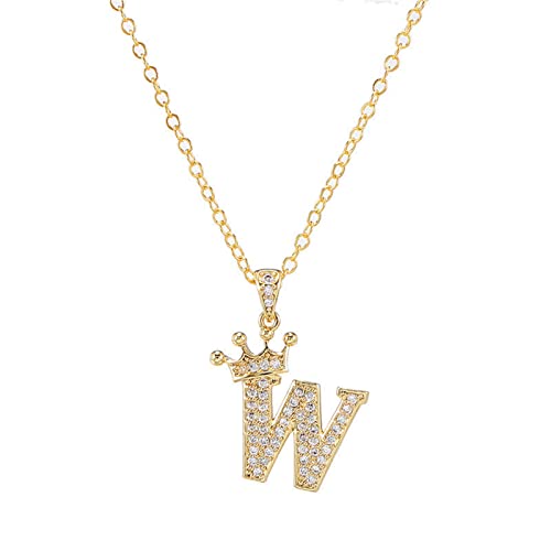Pingyongchang Letter A-Z pendant necklace Crown letter pendant Charming initials chain necklace, inlaid crystal letter necklace - color: crown-W
