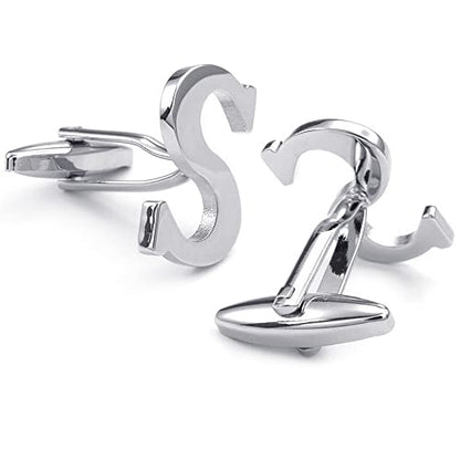 HONEY BEAR Initial Letter Cufflinks for Men Wedding Business | Personalized, Tarnish-Resistant, Steel-Plated Copper Base, Gift Box, for Groomsmen, Father, Husband, Anniversary - style: S Silver