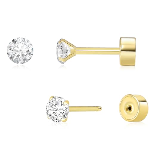 Threadless Flat Back Earrings, Hypoallergenic 14K Real Gold Plated CZ Stud Earrings | Cartilage Earring | Tragus Helix Piercing Jewelry | Push in Flatback Earrings for Women Men - color: 14K Gold, size: 3 Millimeters