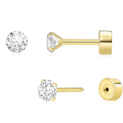 Threadless Flat Back Earrings, Hypoallergenic 14K Real Gold Plated CZ Stud Earrings | Cartilage Earring | Tragus Helix Piercing Jewelry | Push in Flatback Earrings for Women Men - color: 14K Gold, size: 3 Millimeters