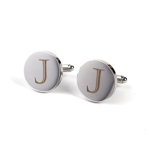 Mens Initial Silver Cufflinks A-Z Alphabet Letter Steel Cuff Links with Engraved Walnut Wood Box Groom Groomsman Wedding Set… - style: J