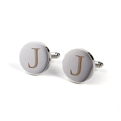 Mens Initial Silver Cufflinks A-Z Alphabet Letter Steel Cuff Links with Engraved Walnut Wood Box Groom Groomsman Wedding Set… - style: J