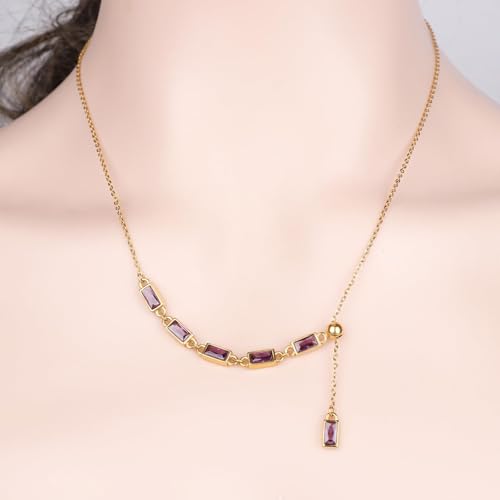 Emerald Cut Y Shaped Necklace for Women 18K Gold Plated Double Layered Y Lariat Necklace Jewelry Gift - color: Style9-Purple