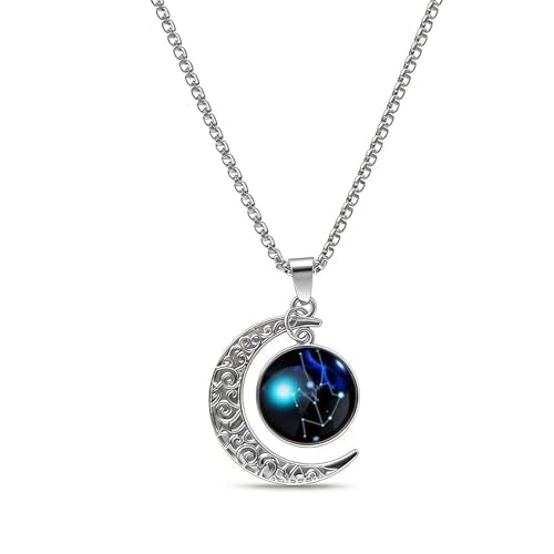 Stainless Steel Mens Necklace 12 Zodiac Moon Galaxy Pendant Necklace,22.8 Inch Stainless Steel Chain, 1.13 Inch Aries/Pisces Celestial Crescent Moon Star Sign Charm Jewelry - style: Taurus（4.20-5.20）